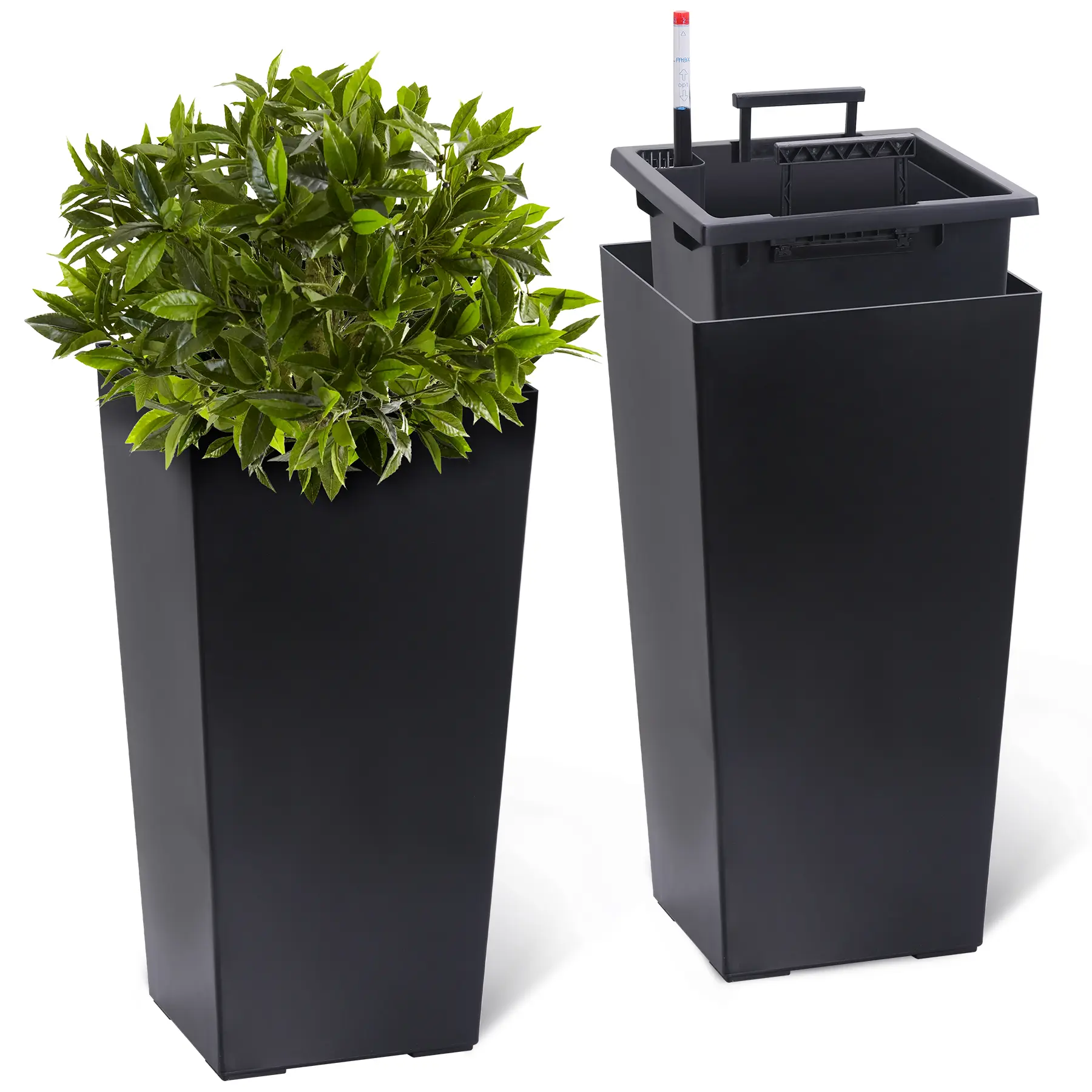 Set of 2 Tall Planters, Black Indoor & Outdoor Planter Pots with Drainage Holes, Water Level Monitor and Inner Bucket, Self-Watering Design for Front Porch Decor
