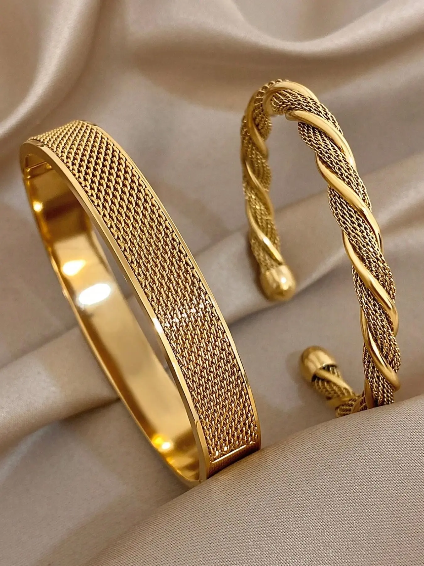 2 Piece Stainless Steel Elegant Braided Twist Bracelet Set for Women, Bangle Bracelet Set, Perfect for Mother's Day, Christmas, Wedding, Party Accessories, Jewelry Gifts, Bracelets Set, Stainless Steel Bangles