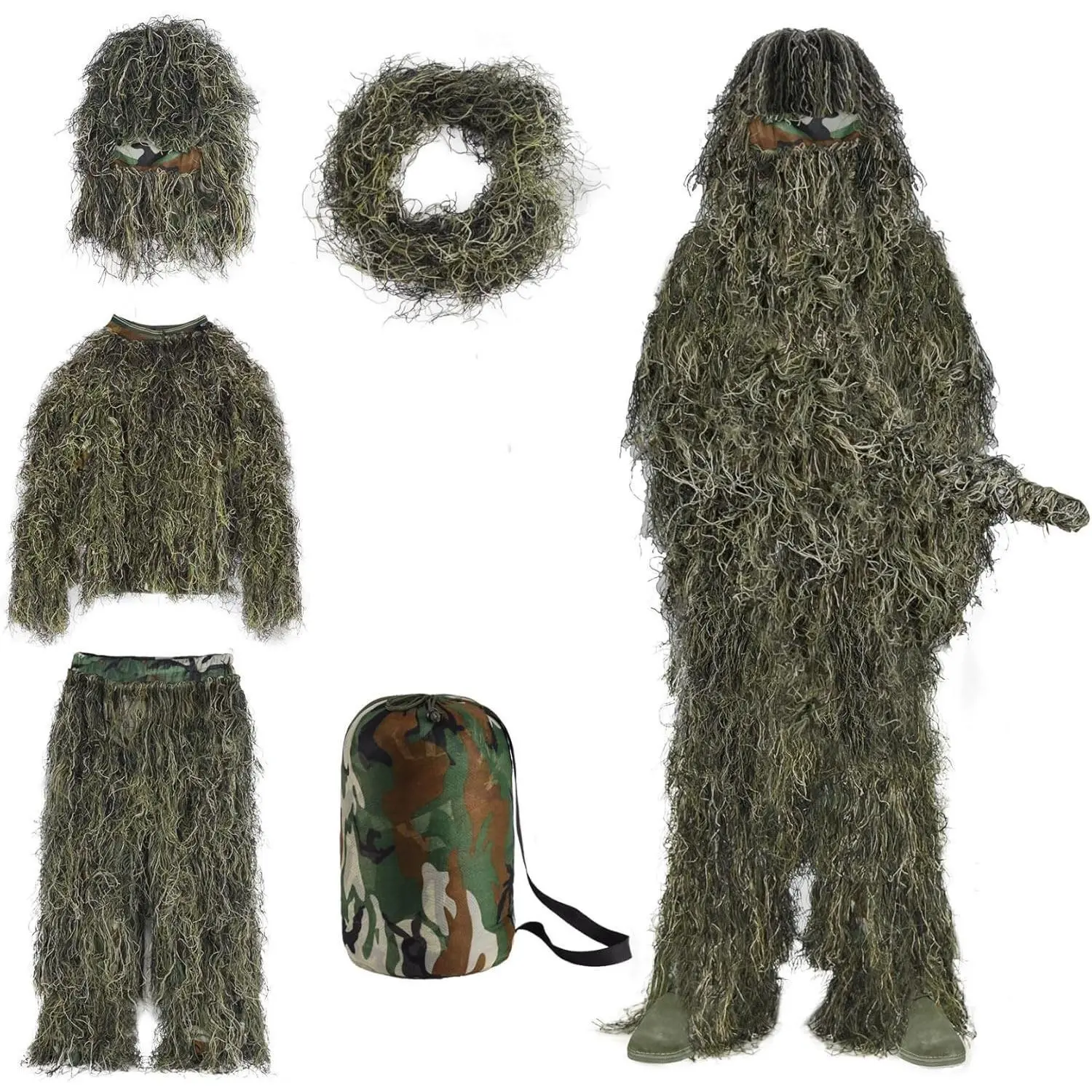 5-in-1 Lightweight Ghillie Suit for Male Hunters, 3D Camouflage Design, Adjustable Double-Stitched Breathable Hunting Apparel, Summer Bushman Costume