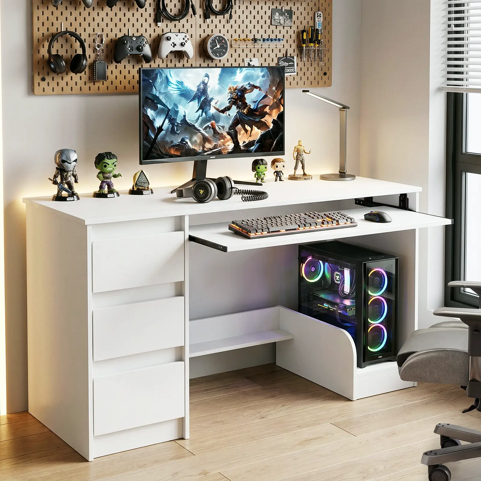VOWNER Computer Desk with 3 Drawers Executive Desk Writing Study Table for Home Office White Black