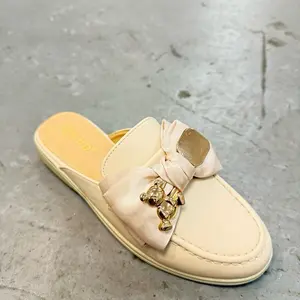 Mules for Women Flats Bow Toe Slip On Slides Loafer with Gold Accent and Comfortable Sole