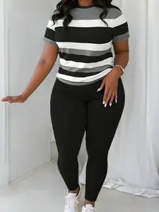 Women's Plus Size Striped Print Short-Sleeve Top and Pants Set - Casual, Fashionable, and Comfortable Crew Neck Top and Pants Suitable for Daily Outdoor Wear Women's Apparel Spring Collection Available in Three Colors Matching Outfits Shortsleeve