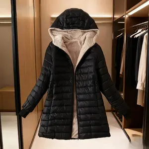 Women's Autumn & Winter Mid-Length Hooded Slim-Fit Fleece-Lined Warm Jacket - Cozy Layering Piece, Winter Outerwear |   Minimalist Design, Elegant Style, Cold Climate Apparel |