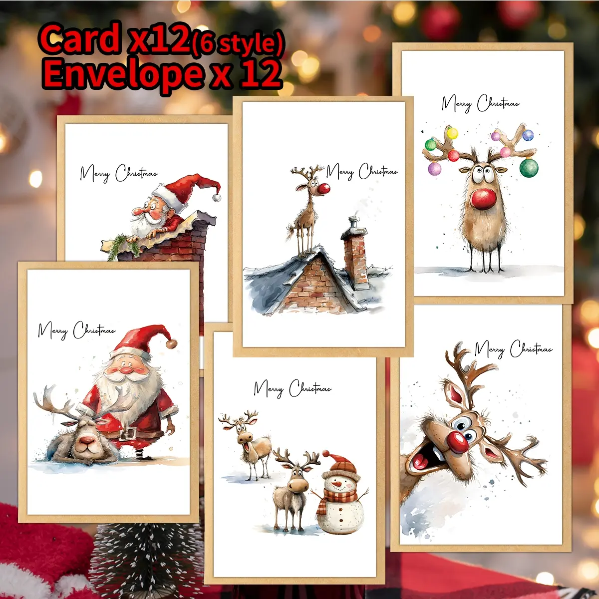 12pcs Funny Reindeer & Santa Christmas Greeting Cards Assortment with Card Design and Envelopes - Festive Holiday Stationery Cards for Family, Friends, and Colleagues - Suitable for Xmas, New Year and Thank You Occasions