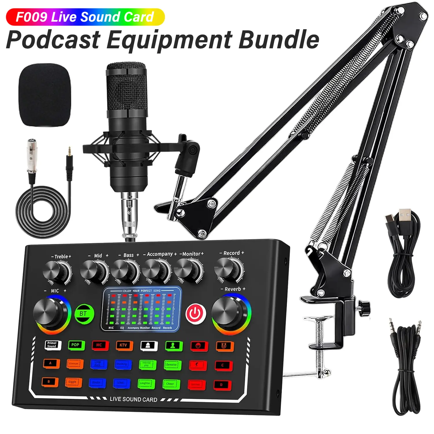 F009 Pro Cordless Live Sound Card Kit - Bluetooth DJ Mixer, Broadcast Equipment with Microphone Set for iPhone, Smartphones, Indoor, KTV, Outdoor Live Streaming, F009 Live Sound Card