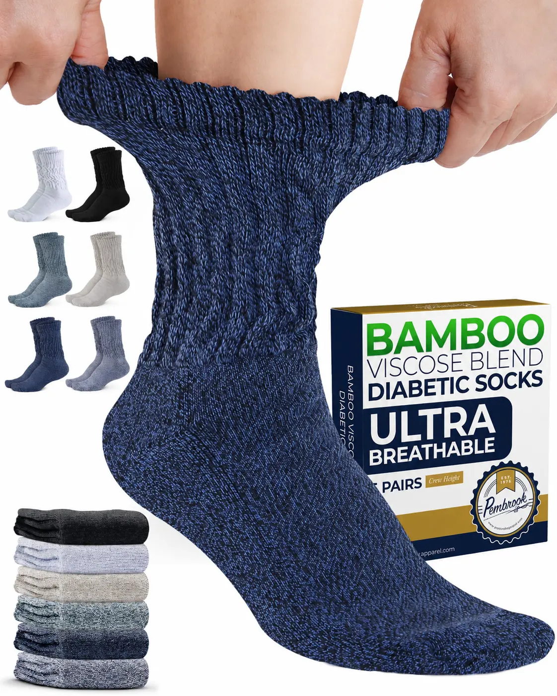 Women's Pembrook Bamboo Diabetic Socks - 6 Pairs, Cable Knit, Smooth Viscose, Moisture-Wick, Non-Binding, Breathable, Socks for Women with Neuropathy Support, Smooth Seams, All Seasons, Diabetic Crew Socks, Bamboo Fiber Socks