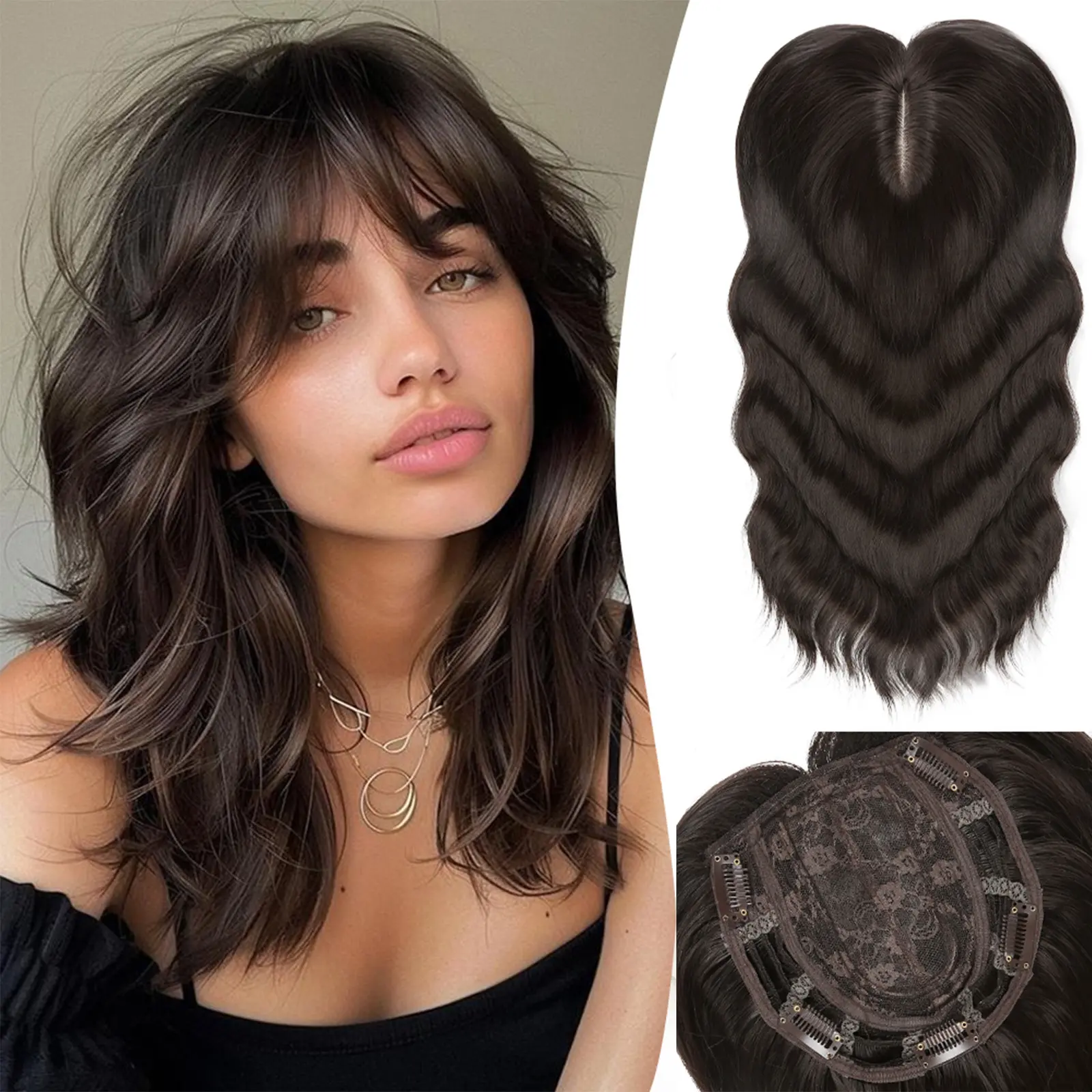 12 Inch Human Hair Topper Clip In Top Piece Wavy Hair Extension Benehair 100% Human Hair Extensions Clip In Topper Toupee  main image 2