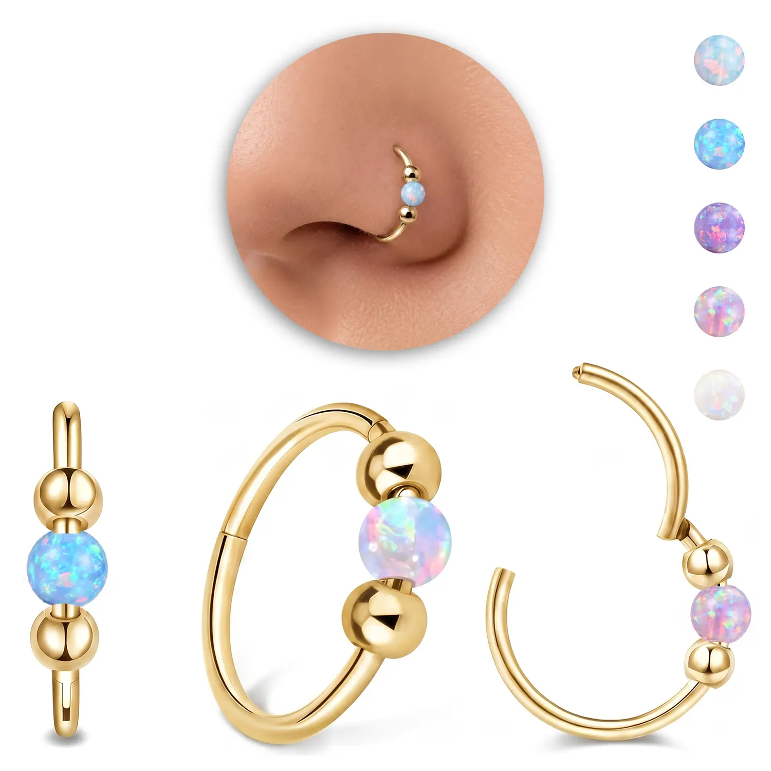 Sicbumi 5Pcs Small Cartilage Hoop Earrings Nose Rings for Women Men, 18G Opal Silver Earrings Hypoallergenic 316L Surgical Steel Rings Piercing Jewelry Hinge Huggie Hoop Earrings for Helix, Tragus,Conch,Rook,Earlobe Piercing Jewelry Nose Ring