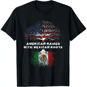 100 Percent Cotton American Raised Mexican Roots T Shirt Featuring Flag Inspired Tree Artwork