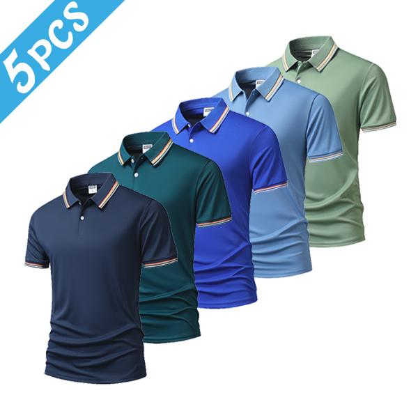 5PCS Polo Shirt Striped Turn-down Collar Short Sleeve Men's Casual Tops Set good graphic tees