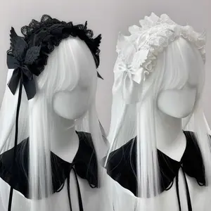 Black White Handmade Lace Gothic Lolita Headband Angel Wing Hair Accessory for Stylish Outfits