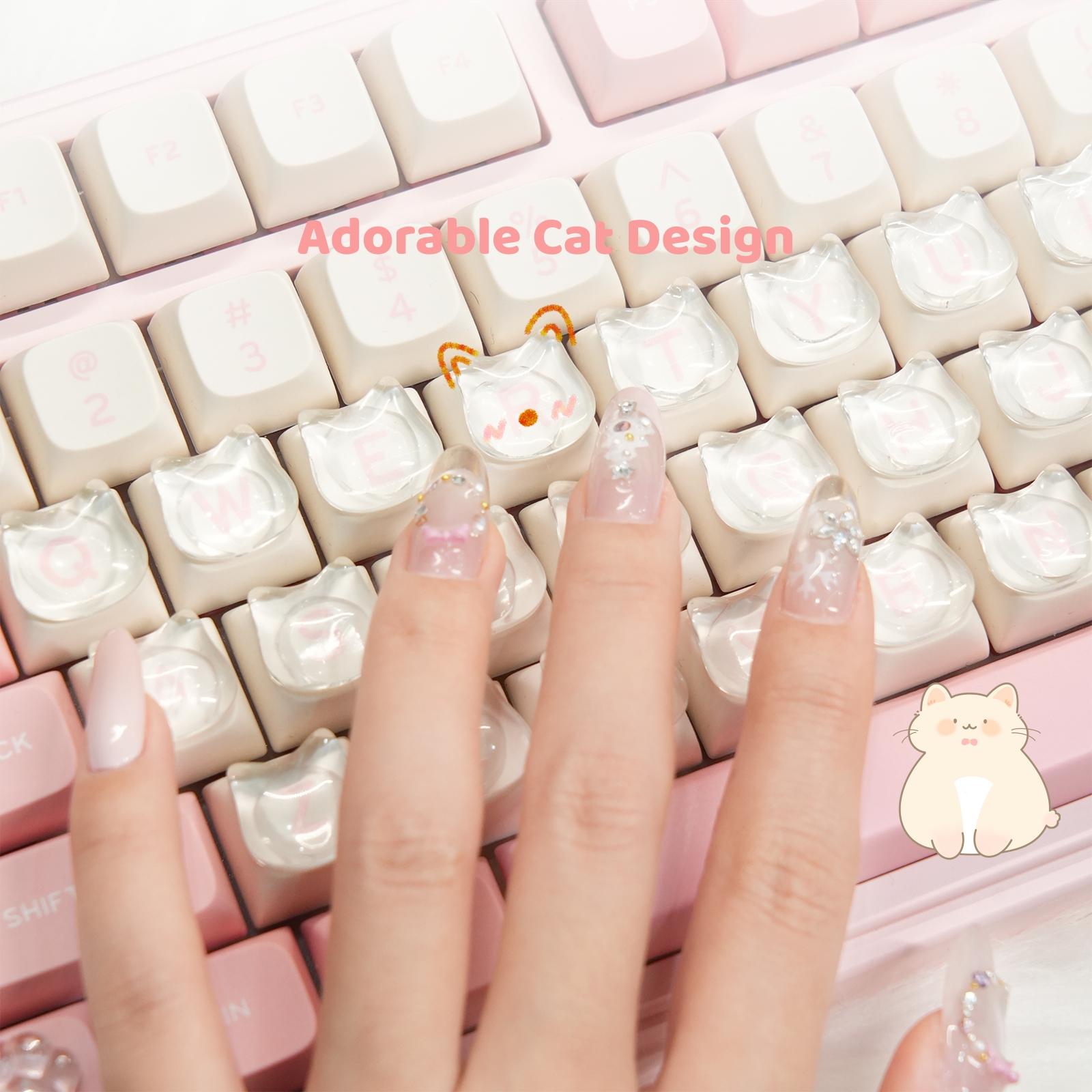 AULA Cat-Shaped Clear Glass Typing Stickers for Long Nails Fully Transparent Sticker Compatible with Desktop Laptop Keyboard & Button Booster Set 30pcs Gaming Keyboard Accessories Nail-Friendly Design