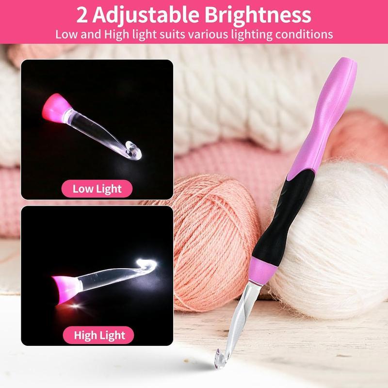 Ultimate Glow Crochet Kit: 11 Interchangeable Light-Up Hooks, Rechargeable & Portable Ergonomic Handle for Comfort, Includes Case for Easy Storage