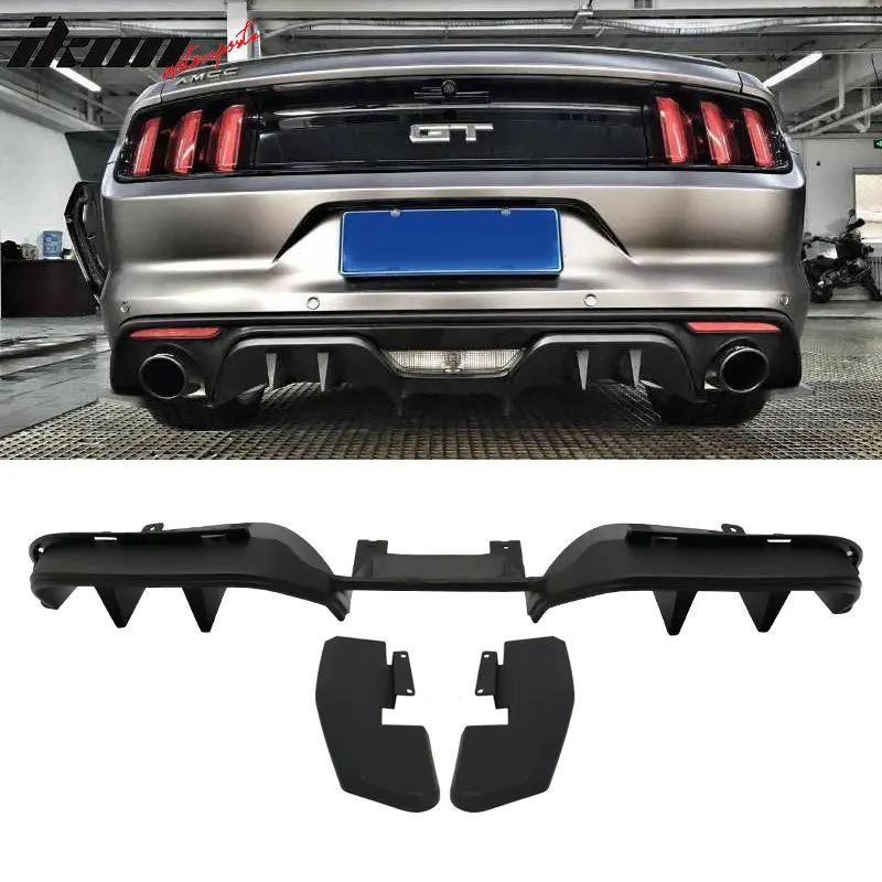 IKON MOTORSPORTS Rear Diffuser Bumper Lip for Ford Mustang 2015-2017 S550, R-Style 3PCS ABS   Unpainted Black   Body Kit Exterior Upgrade Car Rear Diffuser
