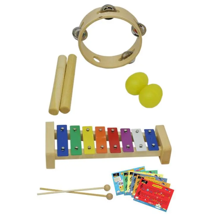 D'Luca Percussion 4 Pack With Glockenspiel, Music Cards, Tambourine, Sticks And Egg Shakers