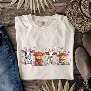 Comfort Colors Easter Highland Cow Shirt, Funny Cow with Bunny Ears Tee, Vintage Farmhouse Easter T-shirt, Cute Floral Heifer Graphic Top, Western Easter Outfit, Pre-shrunk Cotton Country Spring Shirt