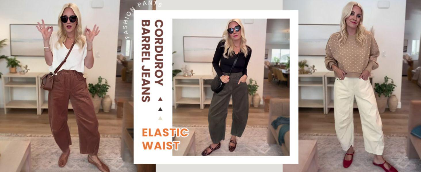 Corduroy Barrel Pants for Women Cord Pants Mid-Rise Wide Leg Baggy Trousers with Pockets Vintage Style Fall Winter 2026 Spring Summer Loose Fit Pant SpringStatements