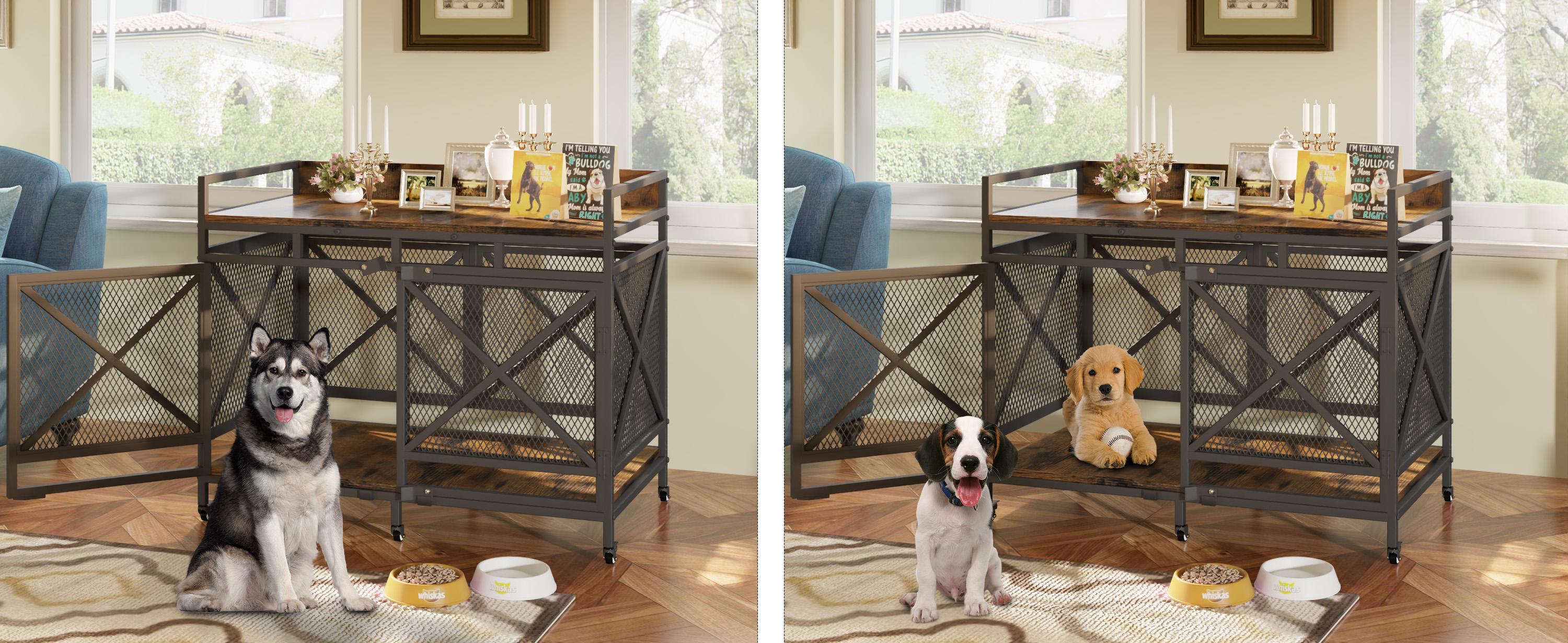 【SpringGlowUp】COZPAW Large Dog Crate Furniture, 48/52/71/78/86Inch Wooden Dog Kennel for XLarge Dogs, Heavy Duty Dogs Furniture Indoor Wire Dog Cage with Caster Wheels, Decorative Pet House End Table, Brown