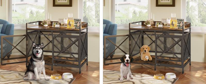 COZPAW Large Dog Crate Furniture, 48/52/71/78/86Inch Wooden Dog Kennel for XLarge Dogs, Heavy Duty Dogs Furniture Indoor Wire Dog Cage with Caster Wheels, Decorative Pet House End Table, Brown