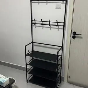 Must-Have 2-in-1 Entryway Shoe Coat Rack! 5-Tier Large Capacity Hall Tree with Multi Hooks, Waterproof Carbon Steel Storage Shelf, Space-Saving Easy Assemble Stand for Front Door Apartment, Black & Cream White