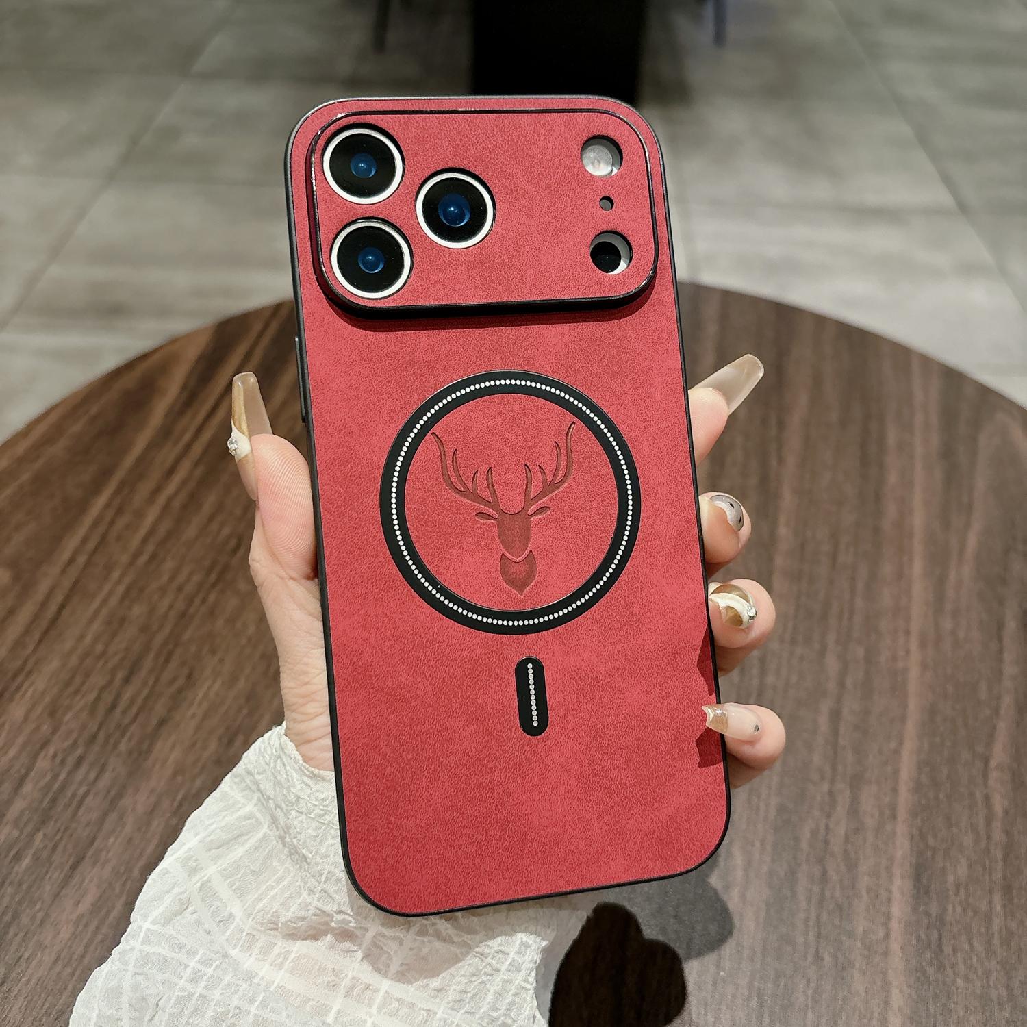 Case for iPhone 17 Pro Max 16 15 14 13 12 11, Compatible with Magsafe, Magnetic PU Leather Deer Pattern, Non-Slip Frame, Camera Protection, Soft TPU Shock Absorption Military Grade Drop Shockproof Cover