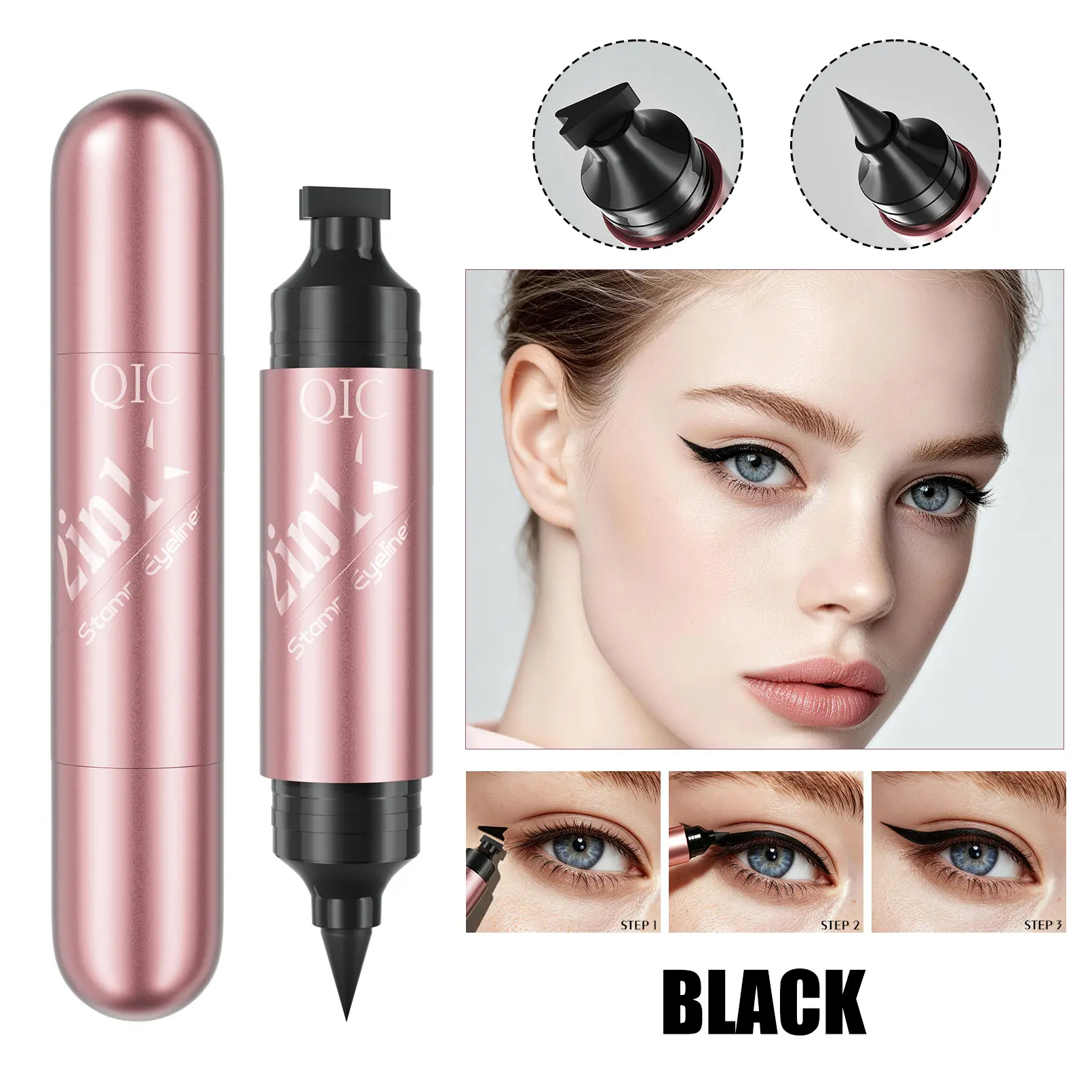 Upgraded Dual Ended Eyeliner, Liquid Black Winged Cat Eye Stamp & Liner Pen, Waterproof Makeup Tool for Women