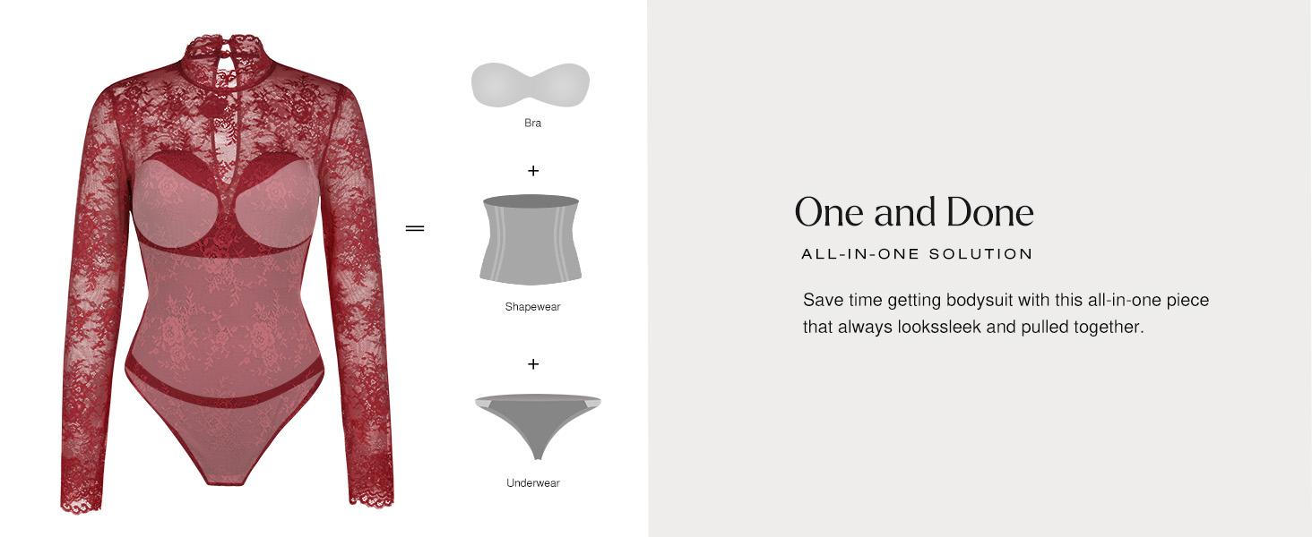 Popilush Essential Deep V-Neck Long Sleeve Bodysuit  Breathable Fabric Sheer Lace Turtleneck with Built-in Bra & Tummy Control Casual