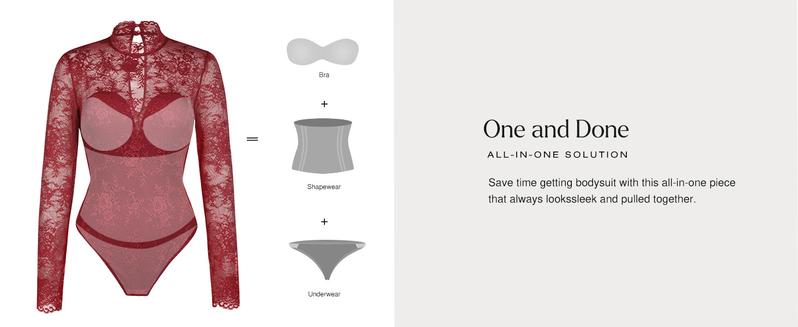 Popilush Essential Deep V-Neck Long Sleeve Bodysuit  Breathable Fabric Sheer Lace Turtleneck with Built-in Bra & Tummy Control Casual