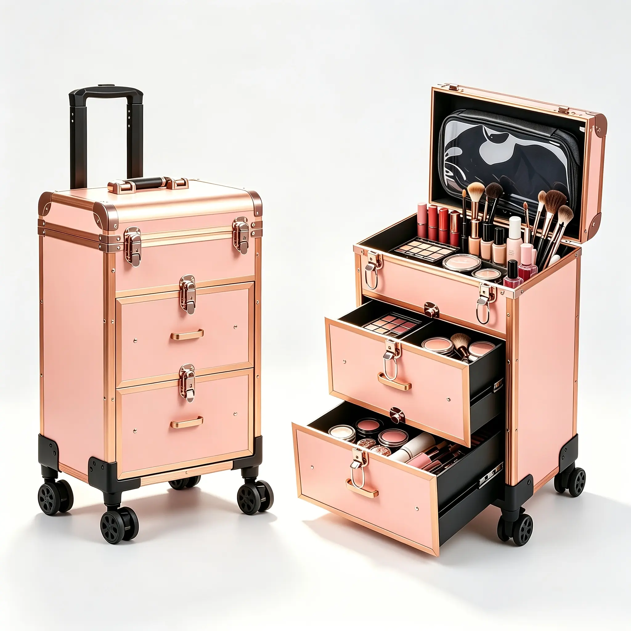 KEEYOTEK Rose Gold Large Aluminum Rectangular Vintage Rolling Makeup Trolley Case - Makeup Containers, Portable Multi-Layered Beauty Organizer with Drawers, Wheels for Artists
