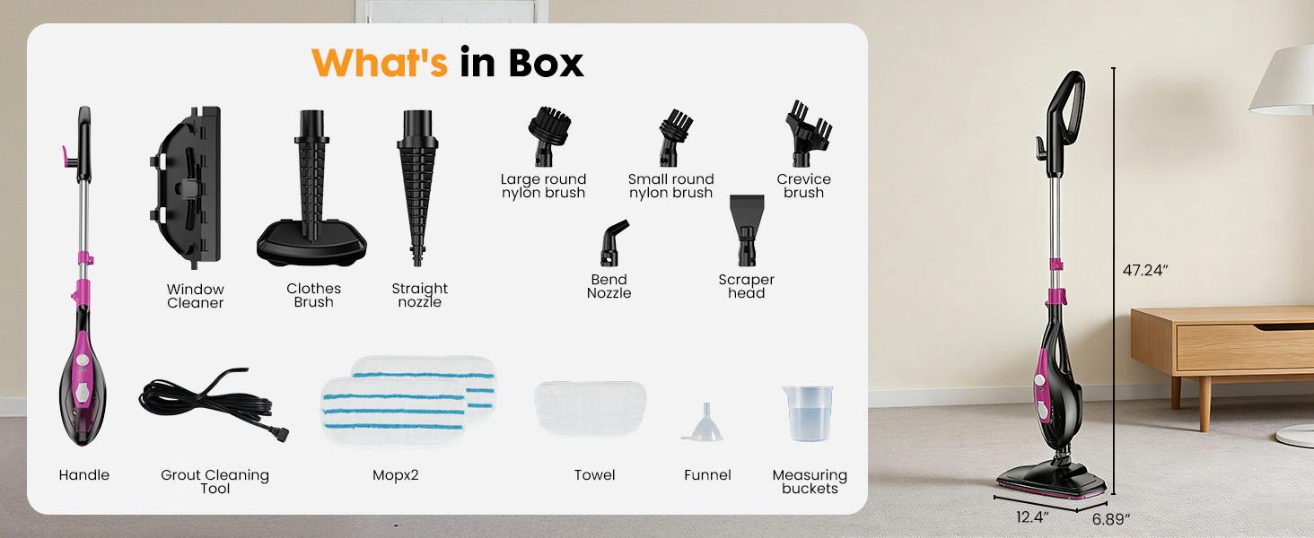 10-in-1 Steam Mop 1550W Detachable Handheld Cleaner for Hardwood Carpet Tile Grout Windows 16FT Cord 2 Washable Pads Multi-Purpose Steamer
