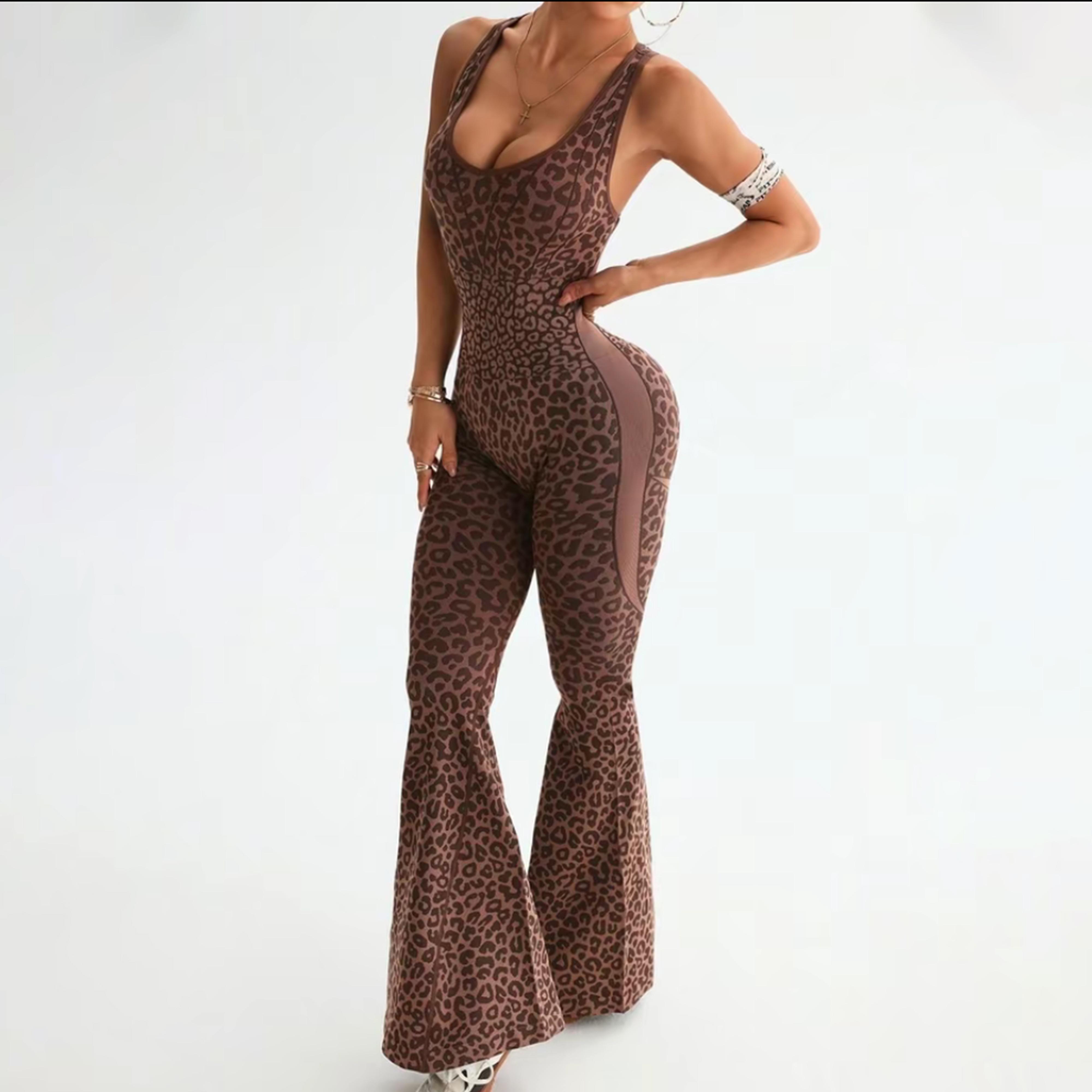 Women’s Leopard Print High-Waist Jumpsuit, Sexy Hollow-Out Criss-Cross Back Design, Fitness Wear, Backless Jumpsuit, Trendy Activewear, Women’s Slim-Fit Sports Suit, Flared Pants, Yoga Set Workout Bodysuit