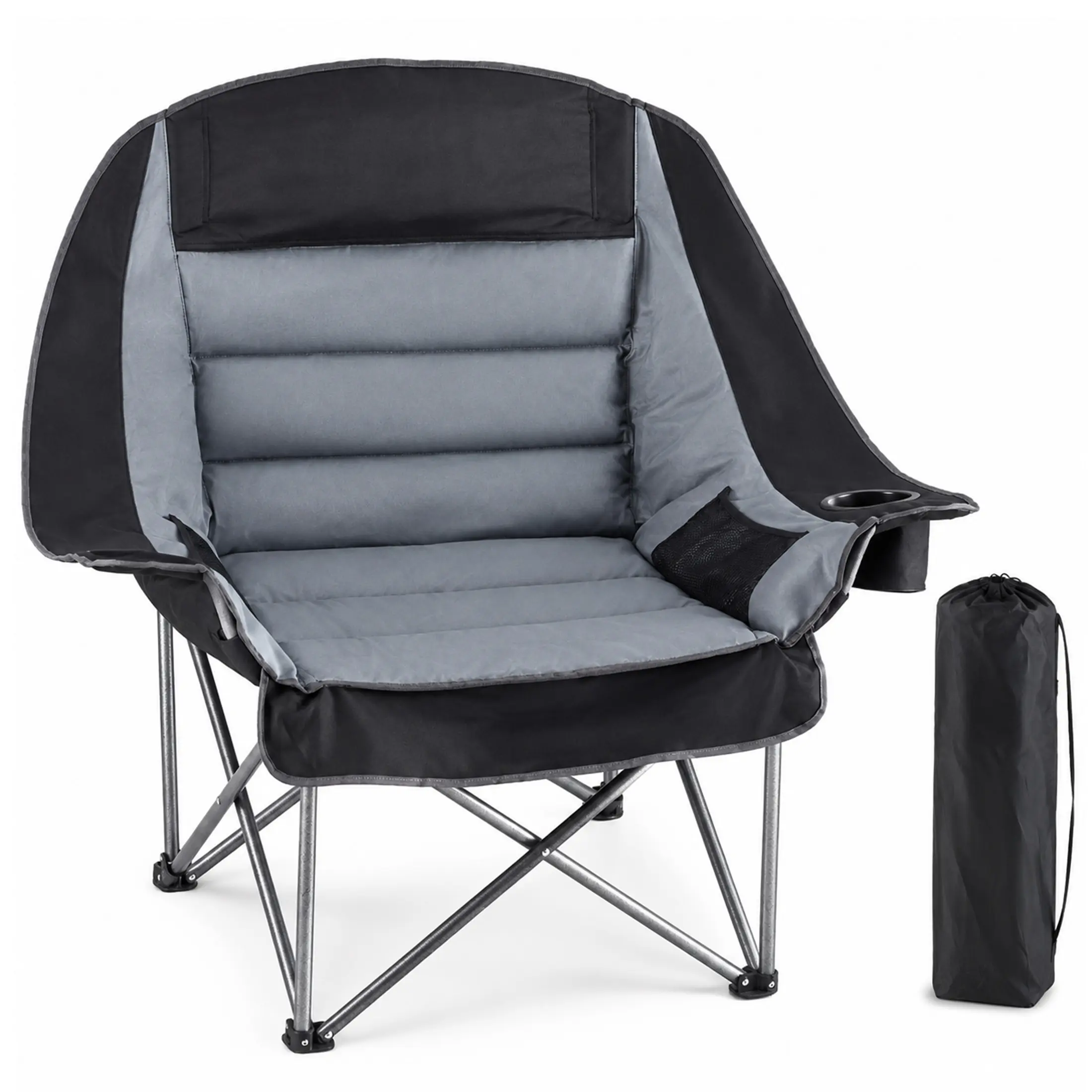 Oversized Padded Camping Chair with Cup Holder & Side Pocket, Heavy Duty Steel Frame Folding Chair Supports 450lbs, Portable Loveseat-Style Outdoor Chair for Camping, Beach, Fishing, Backyard, Concerts