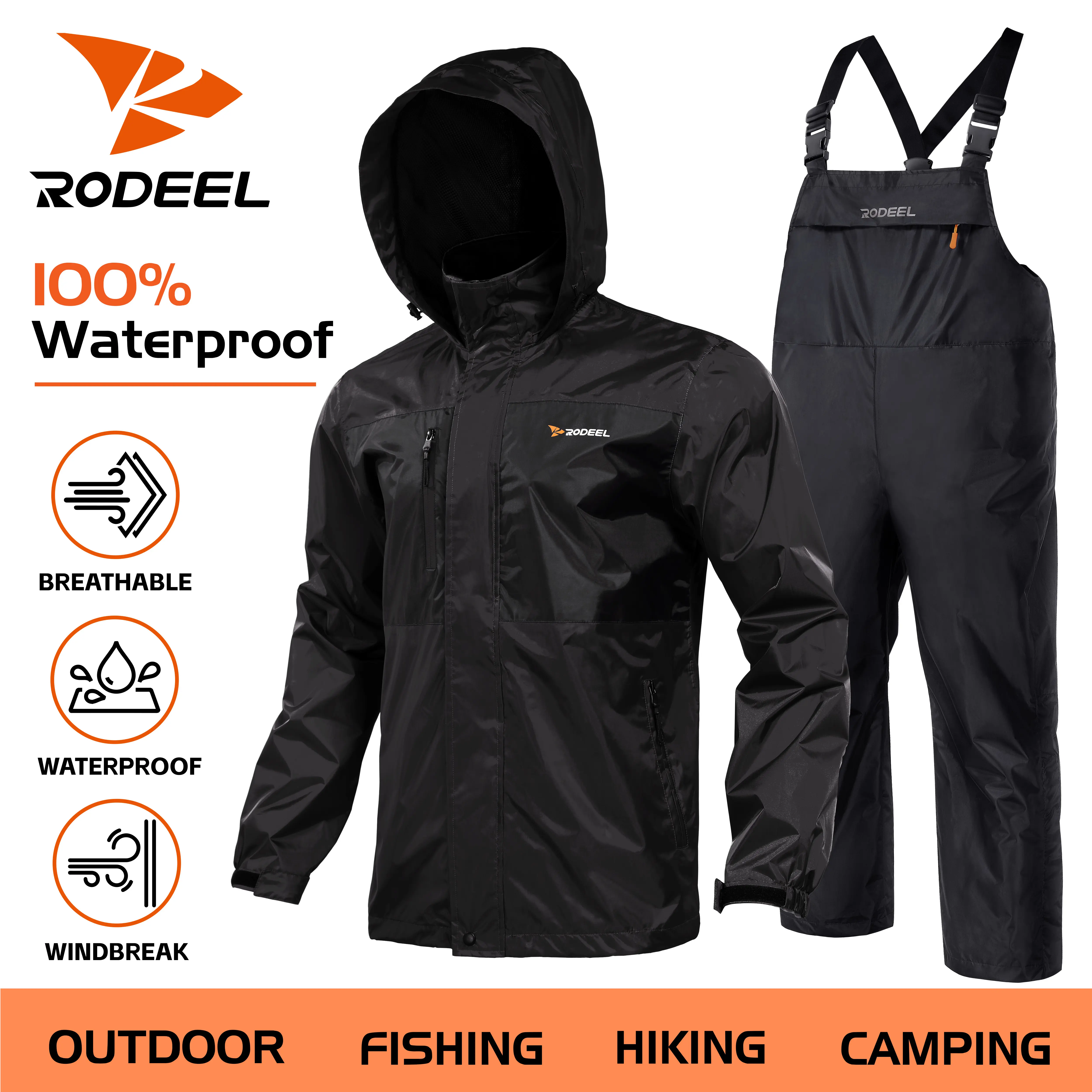 【RODEEL】Waterproof Bib Overalls Rain Suit Men Lightweight Breathable Full Zip Hooded Jacket Durable Rain Coat Weatherproof Rainwear For Outdoor Hiking Camping Fishing Construction Landscaping Gardening Tree Service Workwear SummerWins