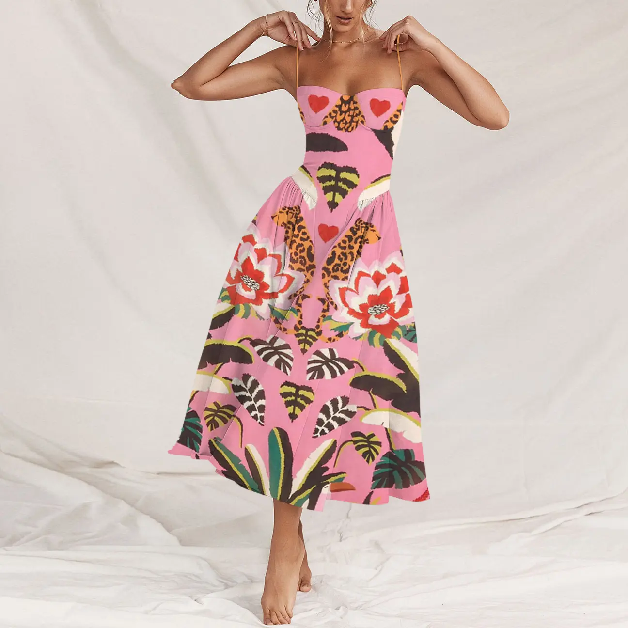 Women's Casual Floral Dress - Symmetrical Print, Tropical Style, Pop Art Design, Contrasting Colors, Passionate Elegance, Forest Vibes, Casual Wear, Fashion Apparel, Clothes for Women, Top, Stylish Women's Wear