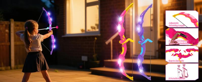 VATOS 2 Pack Bow and Arrow Toy with LED Light - 4 in 1 Archery & Dart Game Set with 20 Suction Cup Arrows, Mermaid Glow Target & Dart Board - Indoor/Outdoor Birthday Gift for Kids Boys Girls Ages 5-12