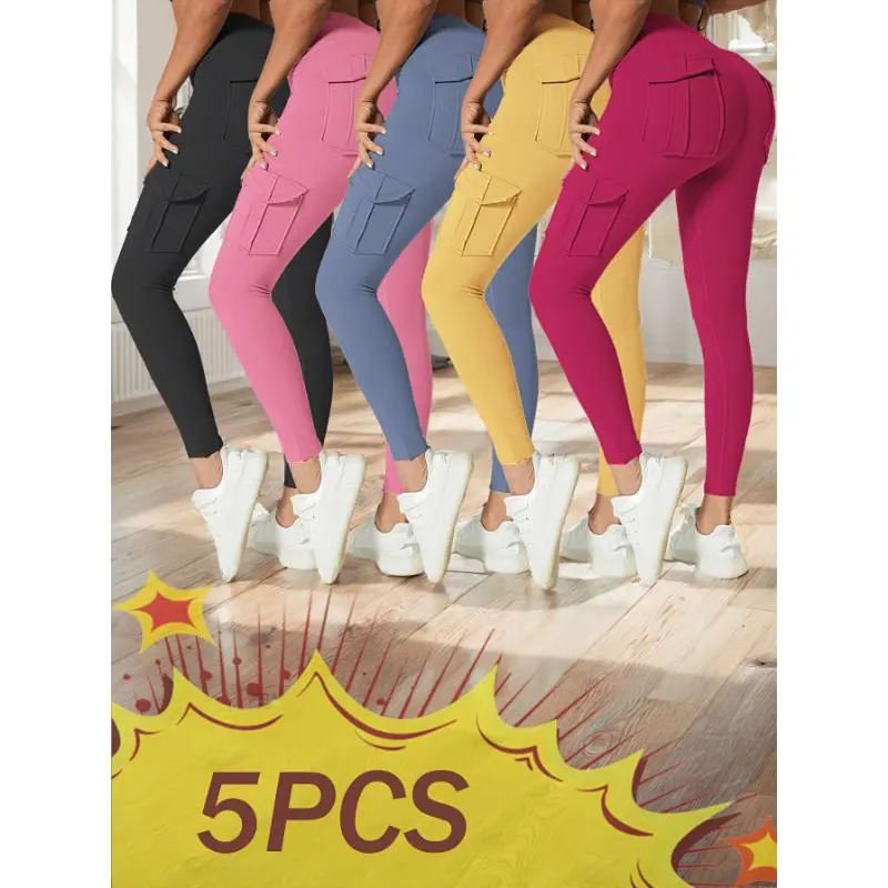Women's Solid High-Waist Workout Leggings with Tummy Control, Butt-Lifting & Pockets, 4-Way Stretch Knit Fabric, Workout Wear, Synthetics, Rhinestone, Knitting, Polyester Blend, Uv Protective, Bottom Lifting Leggings, Workout Pants