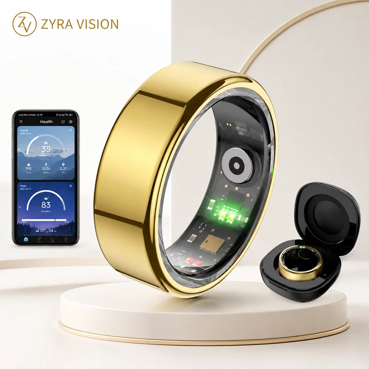 2026 New Zyra Vision Smart Ring Health & Fitness Tracker - IP68 Rated, Low Power BT 5.3, 24/7 Sleep Tracking, Heart Rate, Stress & Cycle Insights, Family Care Mode, Free App, No Subscription, iOS & Android Compatible, Waterproof (for Men & Women)