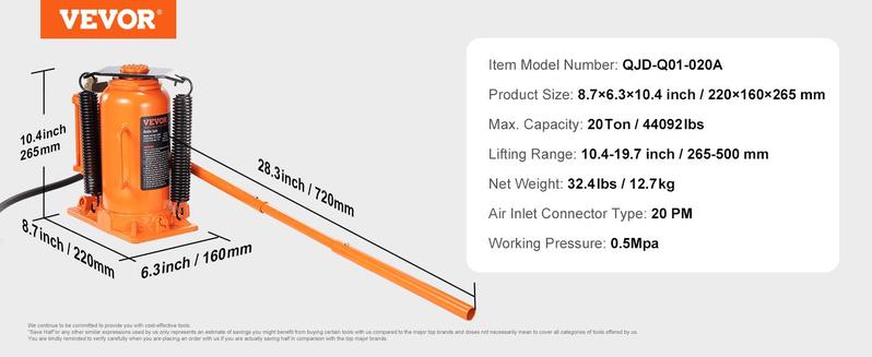 VEVOR Air Hydraulic Bottle Jack, TikTokShopBlackFriday, 20 Ton/40000 LBS All Welded Bottle Jack, 10.4-19.7 inch Lifting Range, Manual Handle and Air Pump, for Car, Pickup, Truck, RV, Auto Repair, Industrial Engineering