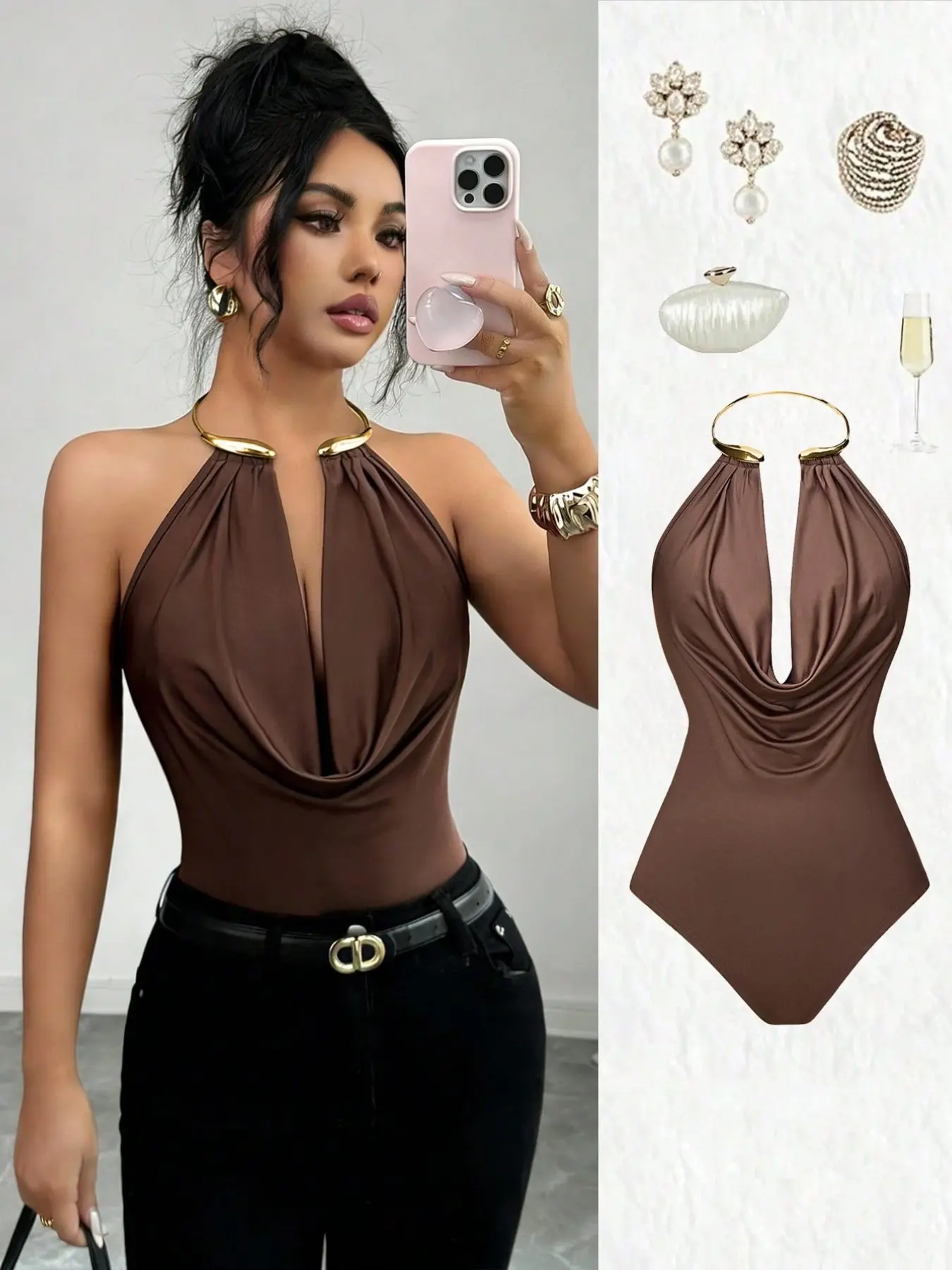1 Piece Halter Neck Sleeveless Bodysuit, Metallic Collar Design, Deep V Backless Design, Elegant Chic Daily Wear, Perfect for Parties