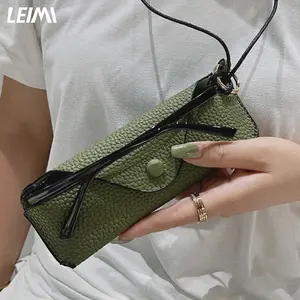 LEIMI Slim Glasses Case for Men & Women Compact Rectangular Eyewear Case with Detachable Neck Strap Portable Travel Sunglasses Case Soft Minimalist Leather Design Classic Hanging Eyeglasses Holder