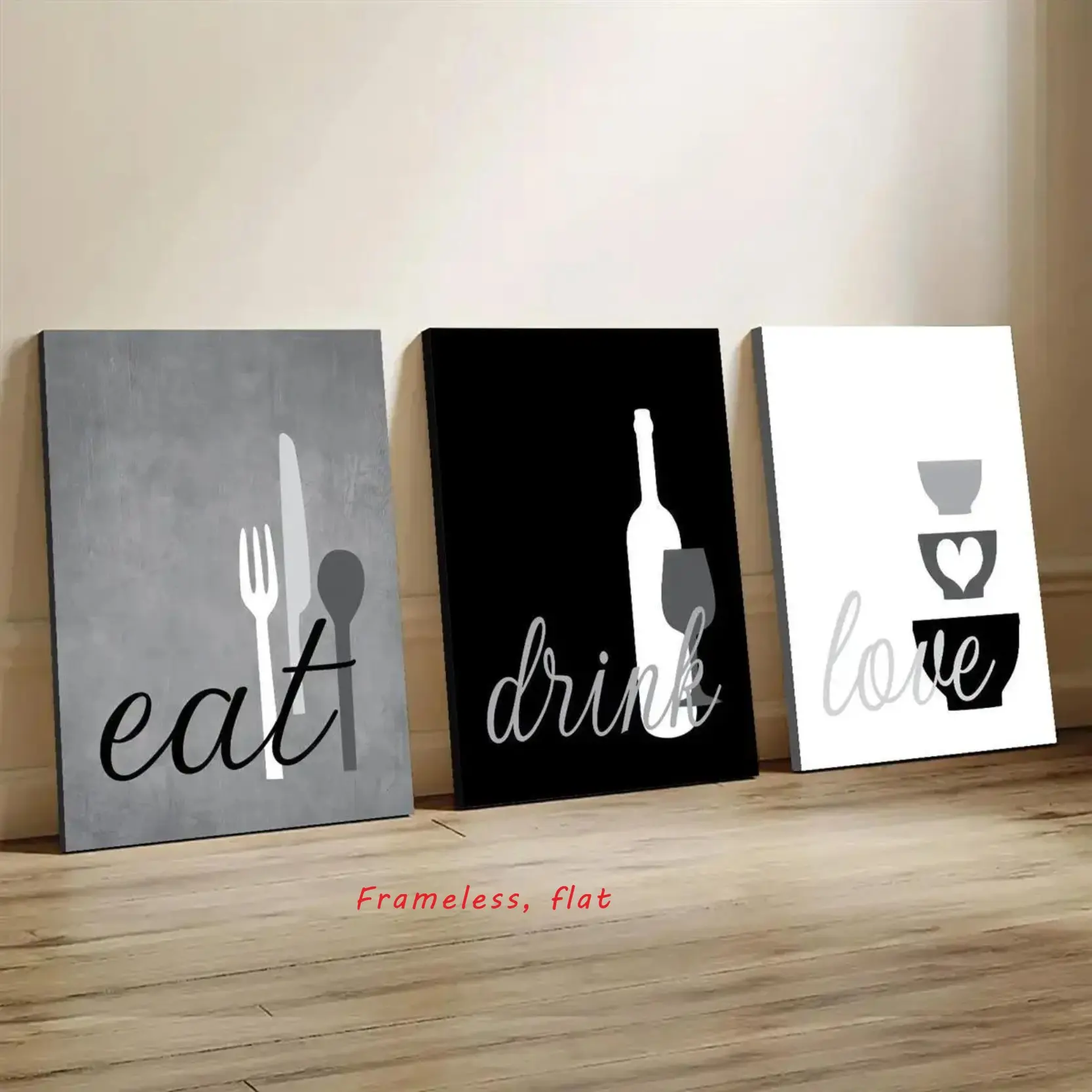 3-Piece Set / Kitchen Wall Art - Aesthetic Wall Decor, Gray, Black, White Modern Minimalist Design Canvas Print with “Eat, Drink, Love” Design, Suitable for Home Decor, Frameless, Decorative Artwork, Decoration Items