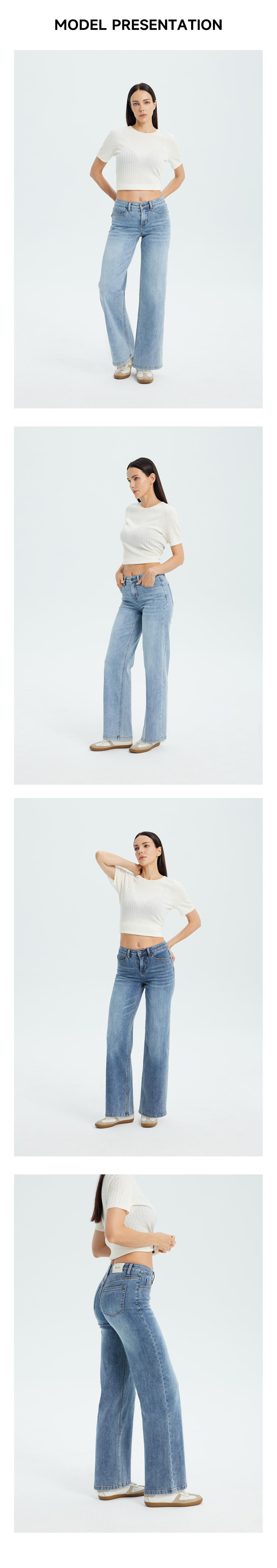 BLEU Women's Mid Waist Wide Leg Jeans Super Stretch Denim Vintage Washed Comfortable Fit Machine Washable Casual Wear