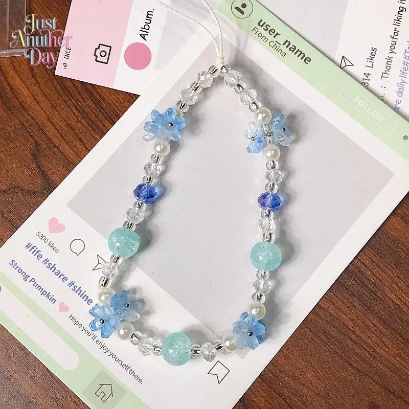 5-Pack Blue Flower Beaded Phone Charm Strap, Acrylic Beaded Wrist Lanyard with Floral & Pearl Details, Universal Chain for Phone Cases, Keychains, CCD Cameras & Bags