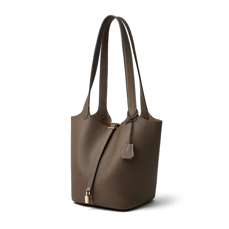 Elegant, pure-colored, lightweight, large, fashionable shopping basket bag for women. Storage bag/multi-functional bucket-shaped bag. Features a lock-fastening design, hand-held handles, suitable for dates, work bags, shopping, daily use.