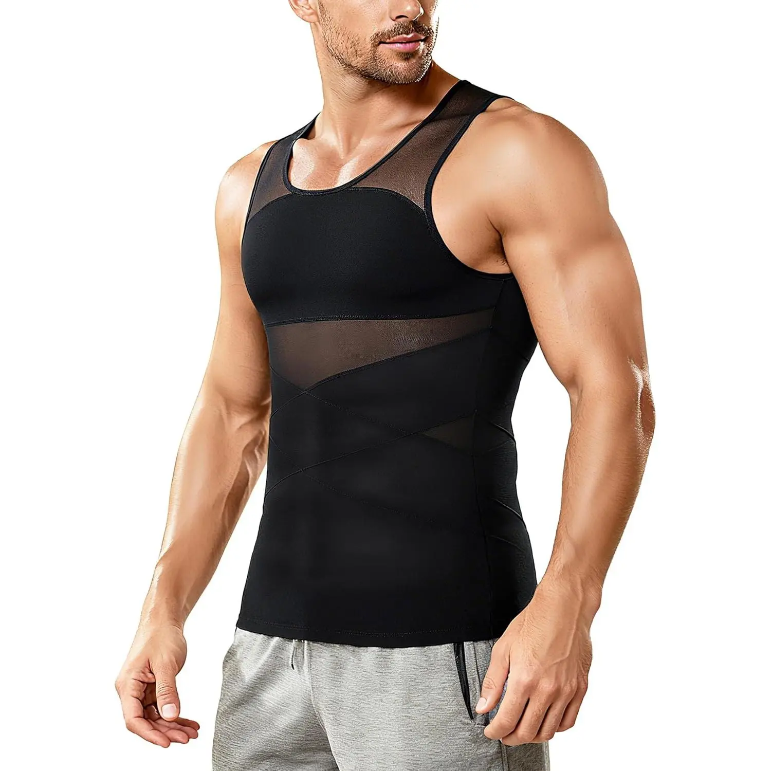 Nebility Men's Compression Shirt - Gynecomastia Chest Control, Criss-Cross Mesh, Extended Hem, Multi-Size Slimming Body Shaper Undershirt Workout Tank Top