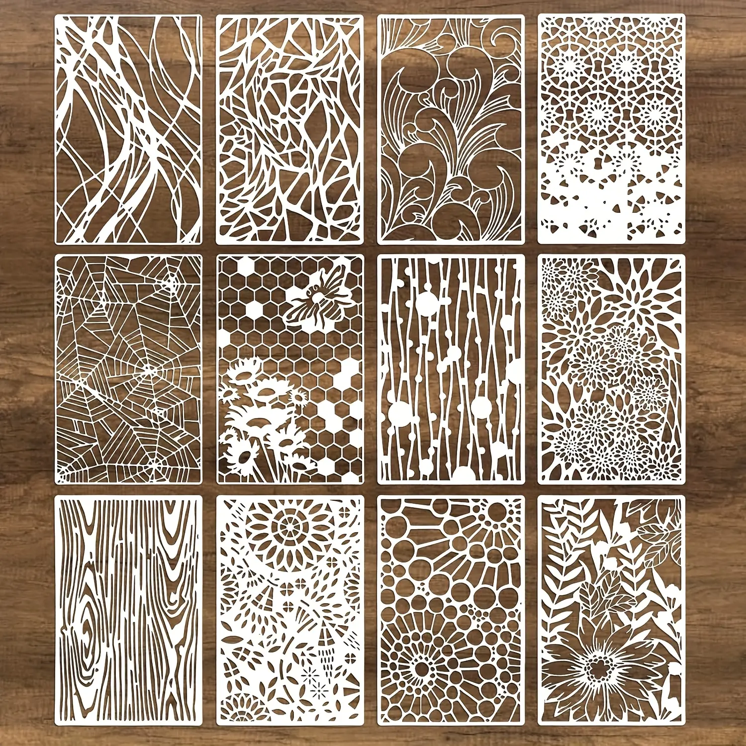 1 Set of 12 Reusable Mixed Media Templates for Painting, Includes Wood Grain Floral Texture and Spider Web Stencil Spray Paint Template, Art Drawing Supplies, Art Craft Supplies, Art Materials, DIY Art Design