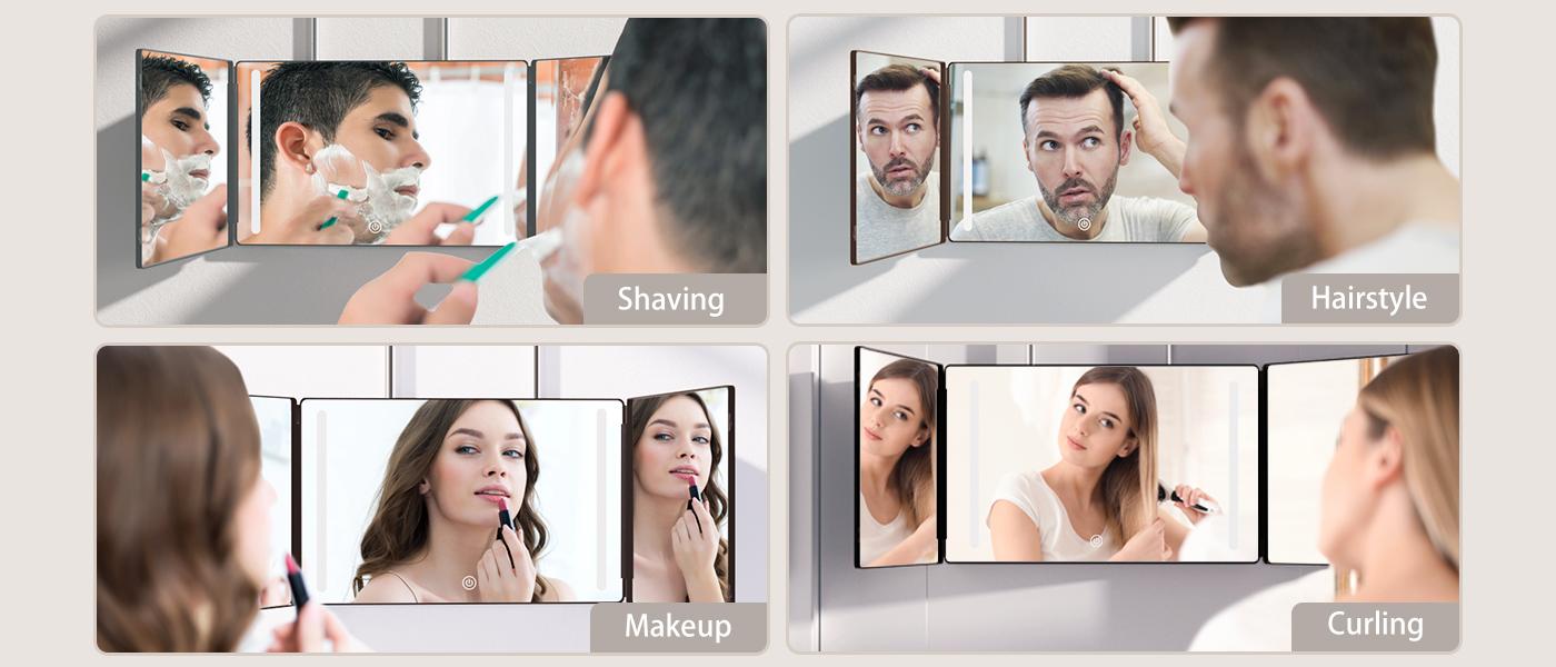 Umitec Adjustable LED Light 3 Way Mirror, Portable Trifold Mirror for Shaving, Grooming, Hair Styling, Dye Hair, Makeup, Braiding, 360 Degree Mirror