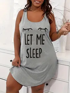Women's Plus Casual Sleep Dress, Plus Size Eyelash & Letter Print Racer Back Tank Nightdress