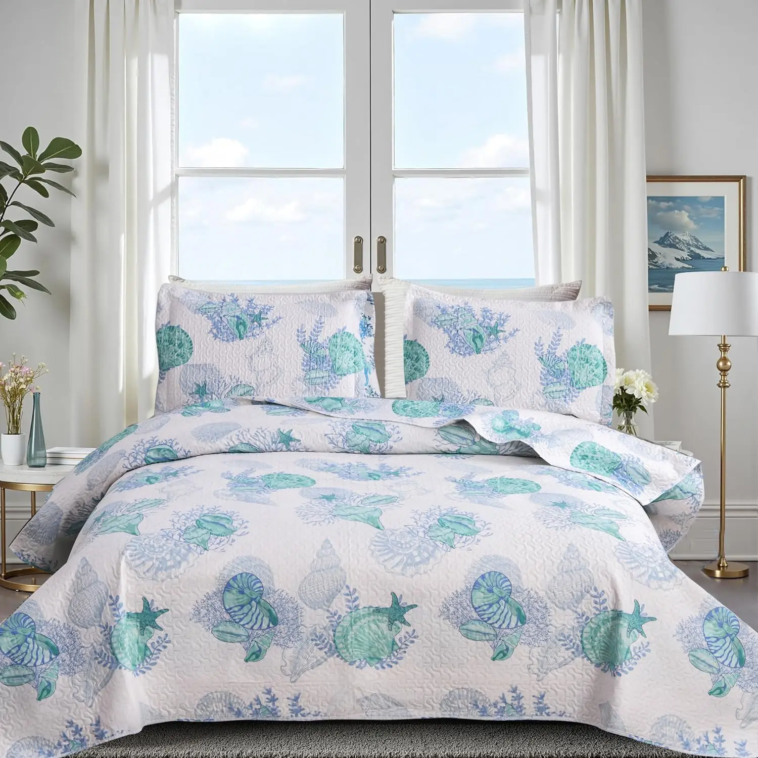 King Size Ocean Bedding Set - Lightweight, Durable, Wrinkle-Resistant, Fade-Resistant, All-Seasons Nautical Beach Theme Bedspread Coverlet with Seashell Conch Sheet & 2 Pillowshams (Green)