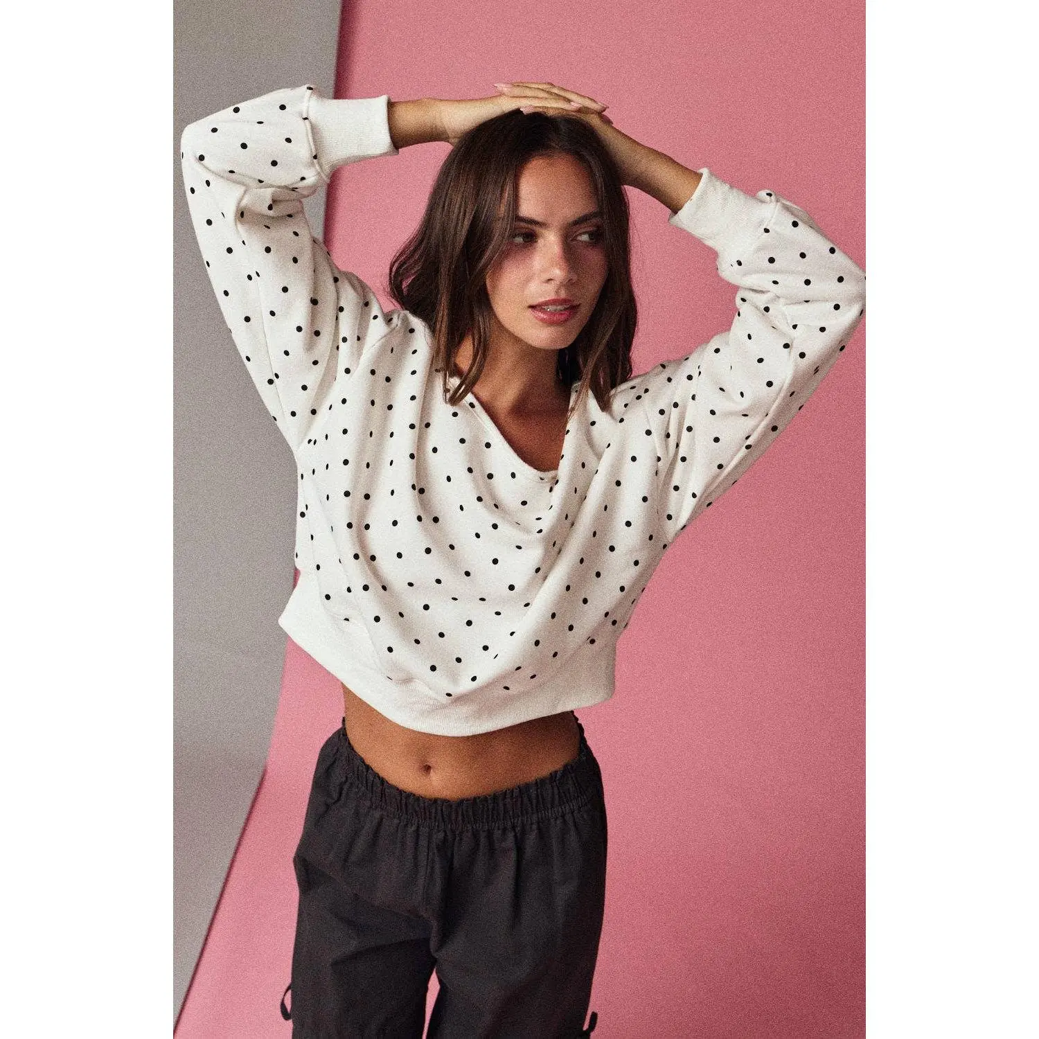 White/Black Polka Dot Off Shoulder Sweatshirt - TikTok Shop